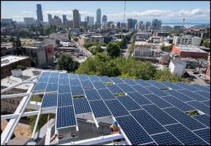  HatiCon Solar installed a ground-mount system on the roof of the six-story Bullitt Center in Seattle.  Photos courtesy of John Stamets.