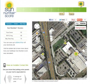 EASY INPUT Using high-resolution data and GIS software, the Sun Number program evaluates rooftop details and scores each building. In this example, the building receives a 92, meaning it is pretty close to perfect for solar generation.